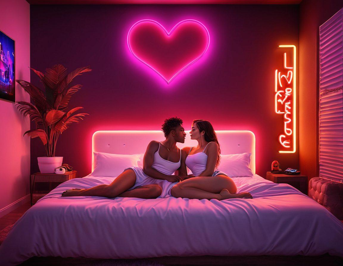 A passionate couple engaged in an intense gaming session, surrounded by glowing neon lights and playful visuals of popular erotic game elements like heart emojis and suggestive icons. The room is cozy with soft pillows and mood lighting, reflecting a blend of excitement and intimacy. Include playful graphics in the background that hint at romance and adventure. super-realistic. vibrant colors. warm atmosphere.