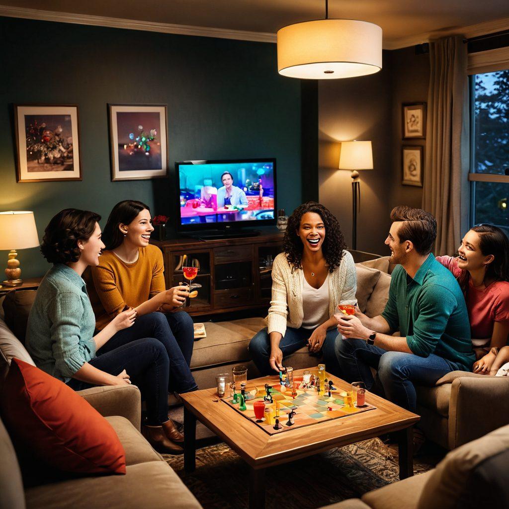 A vibrant, playful scene featuring a group of adults engaging in interactive games at a cozy home setting, with laughter and cheers filling the air. Include colorful game pieces, cocktails on a side table, and a glowing television screen displaying a fun game interface. The ambiance should evoke excitement and connection, set in a warm, dimly-lit room. super-realistic. vibrant colors. cozy atmosphere.