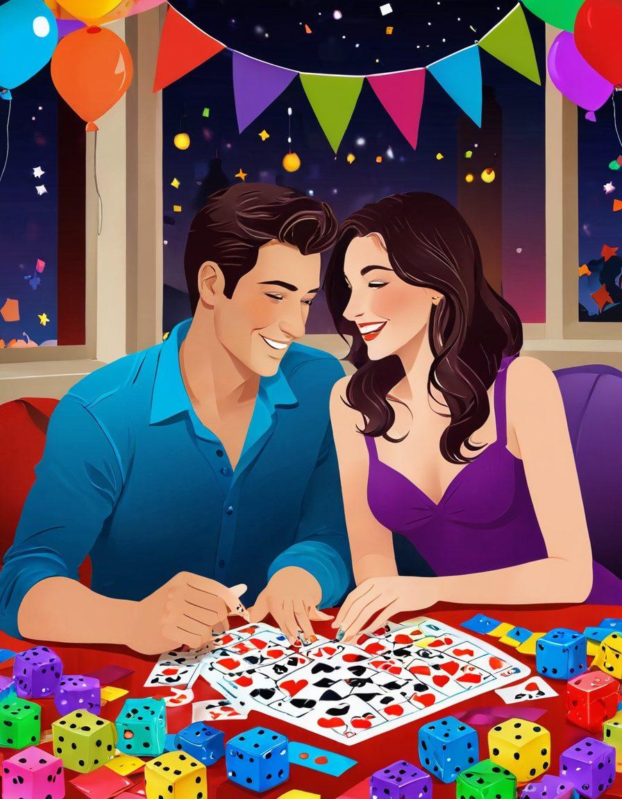 A playful couple engaged in a fun game night, surrounded by colorful game pieces and flirty expressions, with cozy candlelight creating an intimate atmosphere. Incorporate elements like playful dice, heart-shaped cards, and a whimsical backdrop of vibrant party decorations. The scene radiates excitement and chemistry. vector art. vibrant colors. soft background.